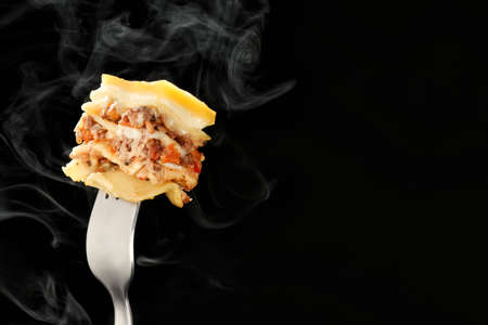 Fork with lasagna on dark backgroundの写真素材