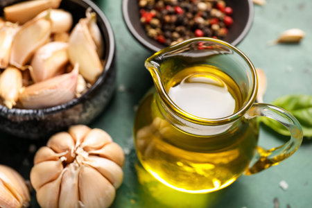 Jug with garlic oil and spices on color backgroundの写真素材