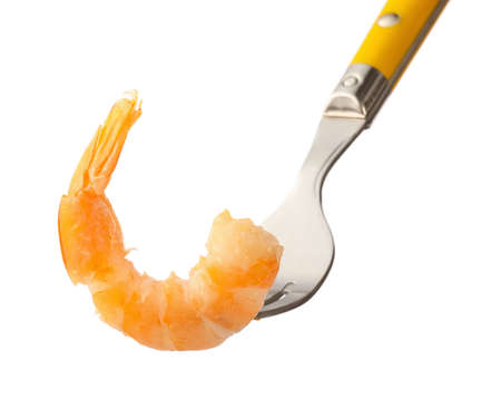 Fork with shrimp on white backgroundの写真素材