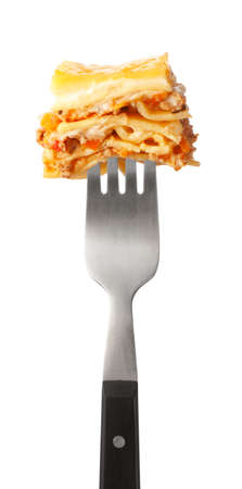Fork with lasagna on white backgroundの写真素材