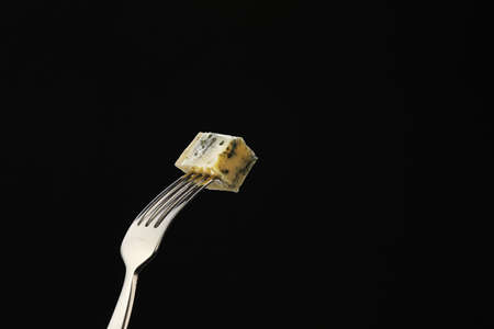 Fork with piece of cheese on dark backgroundの写真素材