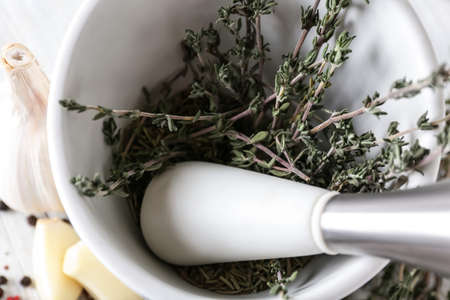 Mortar with spices and pestle, closeupの写真素材