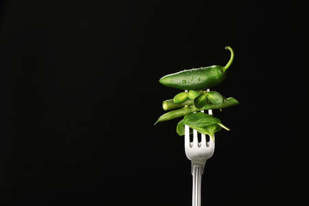 Fork with pepper and herbs on dark backgroundの写真素材