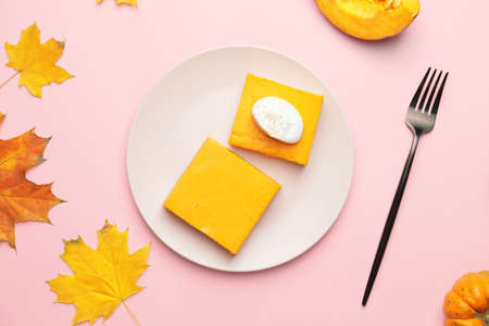 Plate with pieces of tasty pumpkin pie on color backgroundの写真素材