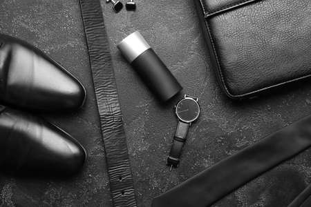 Stylish male accessories on dark backgroundの写真素材