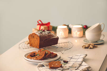 Composition with tasty gingerbread cake on tableの写真素材