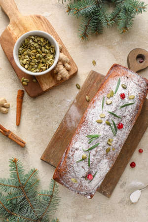 Composition with tasty gingerbread cake on light backgroundの写真素材