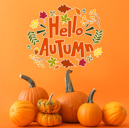 Many fresh pumpkins and text HELLO AUTUMN on orange backgroundの写真素材