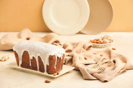 Plate with tasty gingerbread cake on tableの写真素材