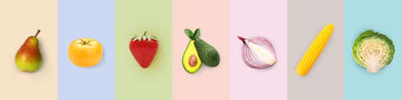 Set of fresh vegetables and fruits on color backgroundの写真素材