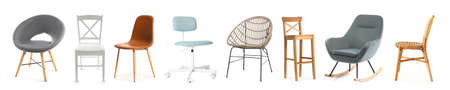 Collection of modern chairs and armchairs on white backgroundの写真素材
