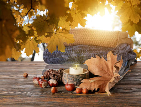 Stylish autumn clothes on table in autumn parkの写真素材