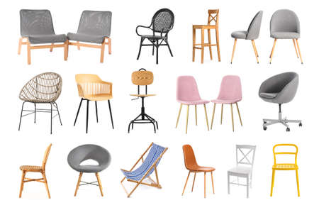 Collection of modern chairs on white backgroundの写真素材