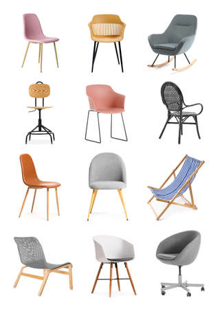 Collection of modern chairs and armchairs on white backgroundの写真素材
