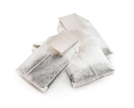 Tea bags on white backgroundの写真素材