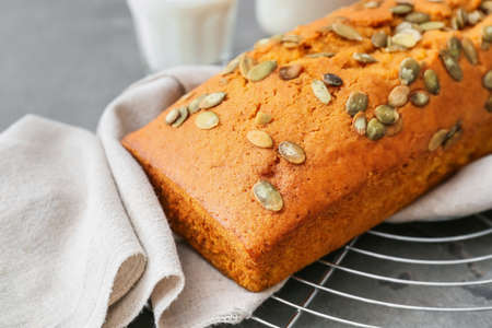 Tasty pumpkin pie on tableの写真素材