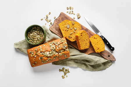 Tasty pumpkin pie on white backgroundの写真素材