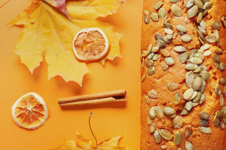 Tasty pumpkin pie on color backgroundの写真素材
