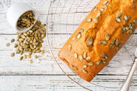 Tasty pumpkin pie on tableの写真素材