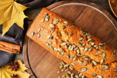 Tasty pumpkin pie on table
