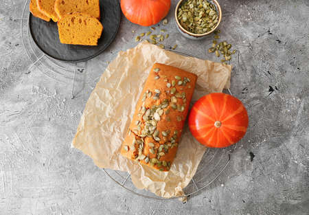 Tasty pumpkin pie on grunge backgroundの写真素材