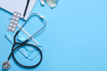 Composition with modern stethoscope on color backgroundの写真素材