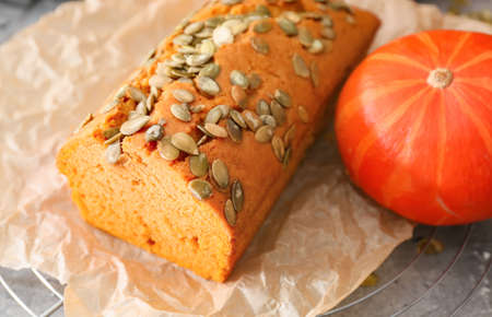 Tasty pumpkin pie on tableの写真素材