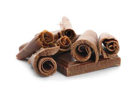 Delicious chocolate curls on white backgroundの写真素材