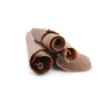 Delicious chocolate curls on white backgroundの写真素材