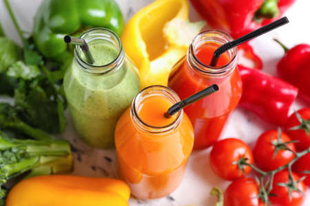 Composition with healthy smoothie and different vegetables, closeupの写真素材