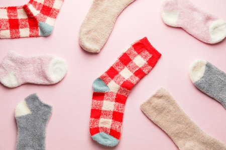 Warm socks on light color backgroundの写真素材