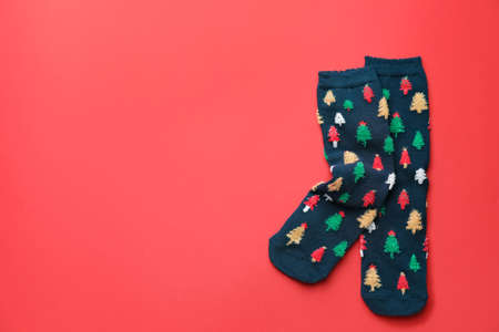 Warm socks on color backgroundの写真素材