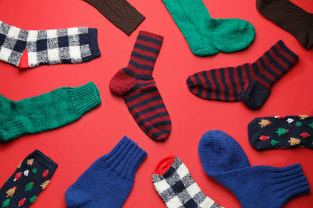 Warm socks on color backgroundの写真素材