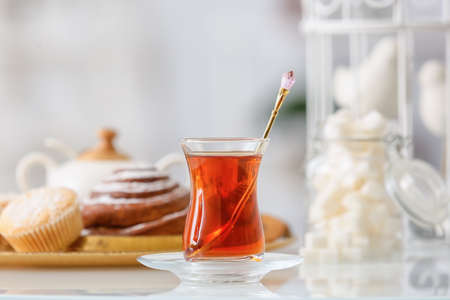 Cup of hot tea on tableの写真素材