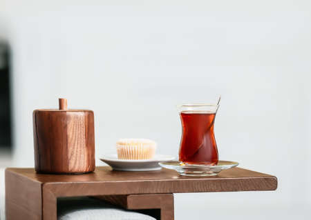 Cup of hot tea on tableの写真素材