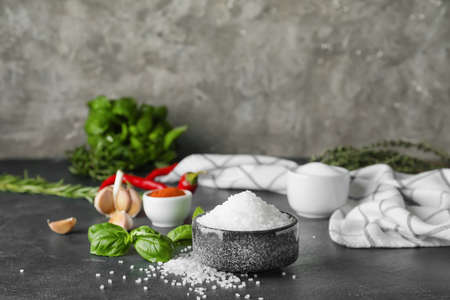 Composition with salt on dark backgroundの写真素材