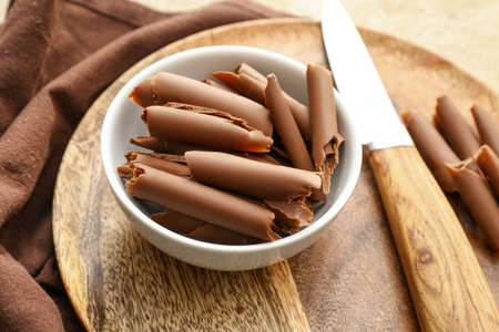 Bowl with delicious chocolate curls, closeupの写真素材