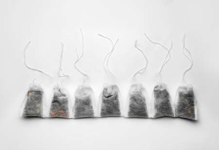 Tea bags on white backgroundの写真素材