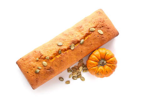 Tasty pumpkin pie on white background