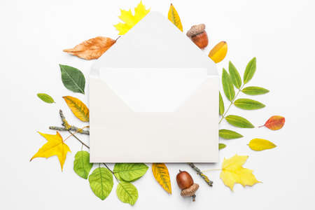 Envelope with blank card and autumn leaves on white backgroundの写真素材