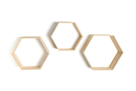 Modern empty shelves on white backgroundの写真素材