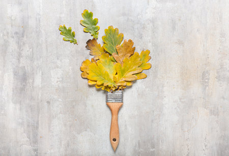 Beautiful autumn leaves with paint brush on gray backgroundの写真素材