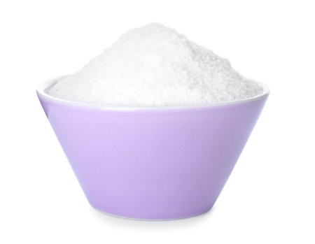 Bowl of salt on white backgroundの写真素材