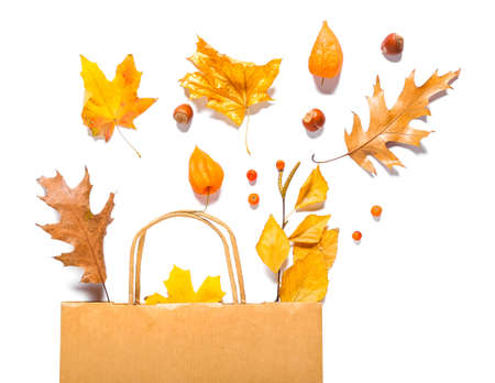 Beautiful autumn composition with bag and leaves on white background