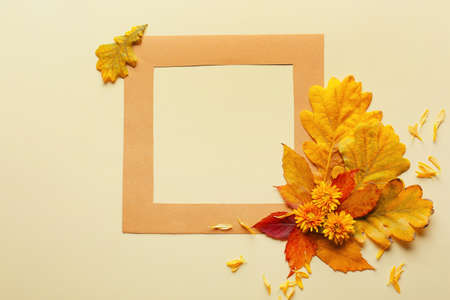 Frame and autumn leaves on light backgroundの写真素材
