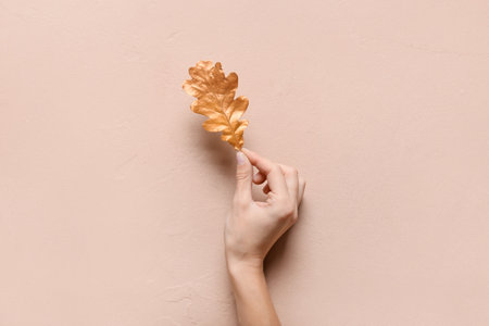 Hand with autumn leaf on color backgroundの写真素材