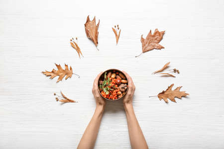 Woman with autumn leaves and decor at table, top viewの写真素材
