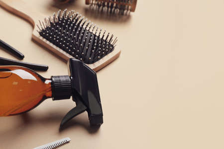 Set of hairdresser's tools on color backgroundの写真素材