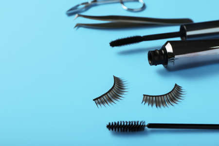 Composition with false eyelashes on color backgroundの写真素材