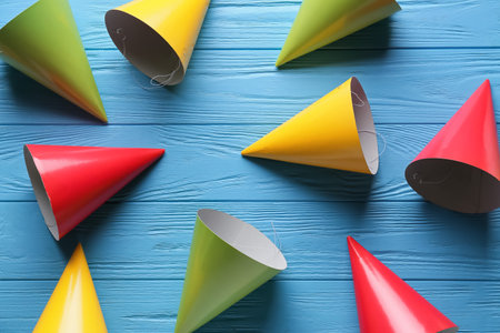 Composition with party hats on color wooden backgroundの写真素材